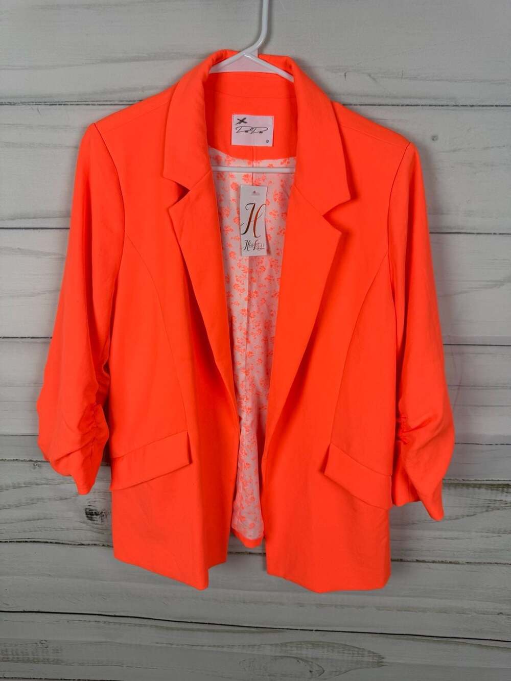 Dee Dee Neon Orange Ruched 3/4 Sleeve Open Front Blazer with Floral Lining